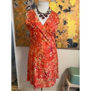 Tommy Bahama Orange Floral Faux Wrap 100% Silk Sleeveless Dress Size 12